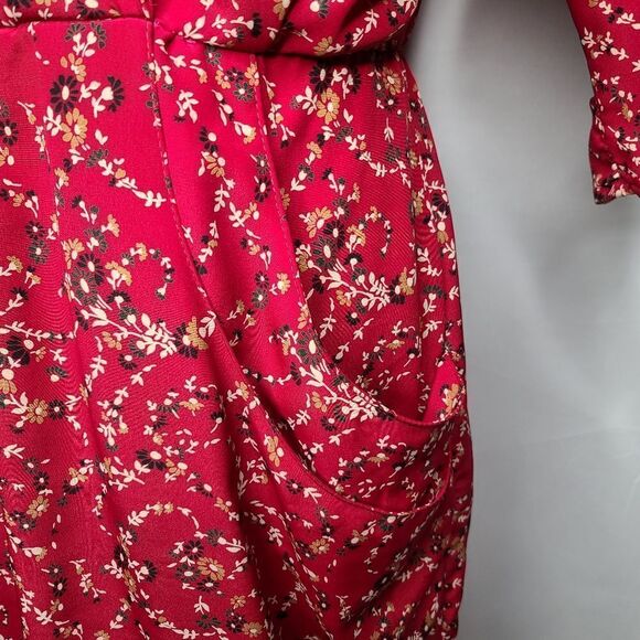 Vintage 80s Red Dainty Floral Cottagecore Deep V-Neck Midi Dress - Picture 6 of 16